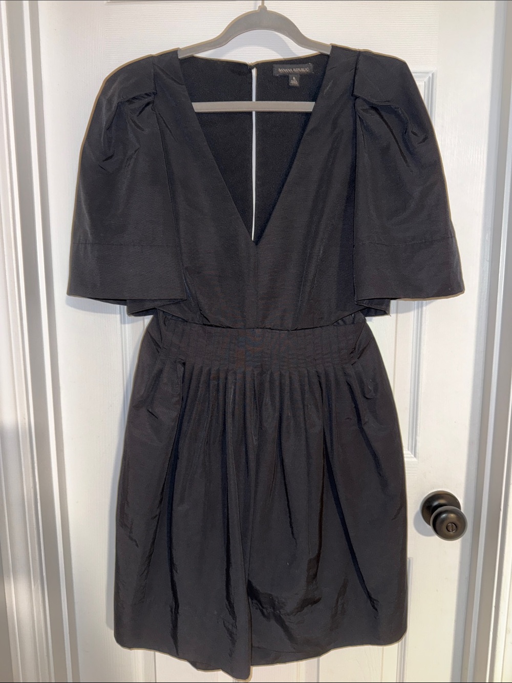 Banana Republic Black V-Neck Puff Sleeve Mini Dress